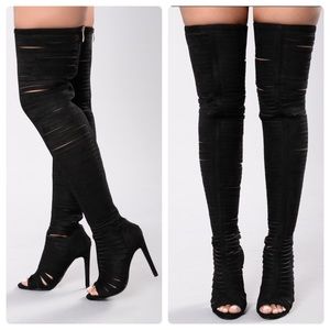 Thigh high open toe boots